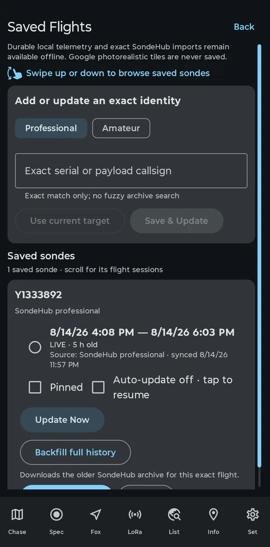 SondeFox Saved Flights screen showing a saved sonde with a live session synced from SondeHub, plus Update Now and Backfill full history controls