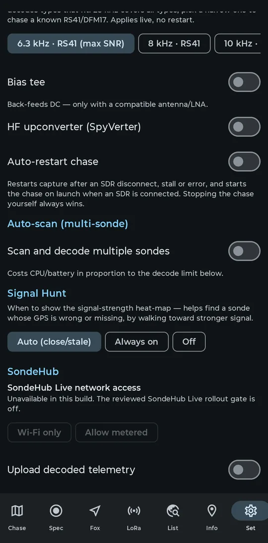 Auto-scan settings showing the Scan and decode multiple sondes toggle, the CPU and battery warning, and the max simultaneous decode chips priced in percent of one CPU core