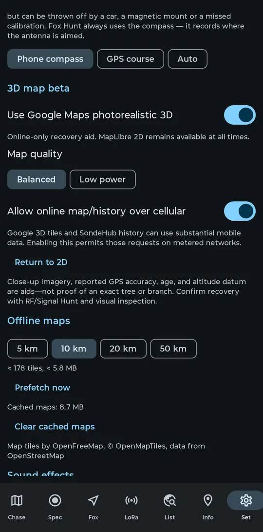 SondeFox settings showing the Offline maps section: radius chips from 5 to 50 km, a tile and megabyte estimate, Prefetch now, the cached maps size readout, and Clear cached maps.